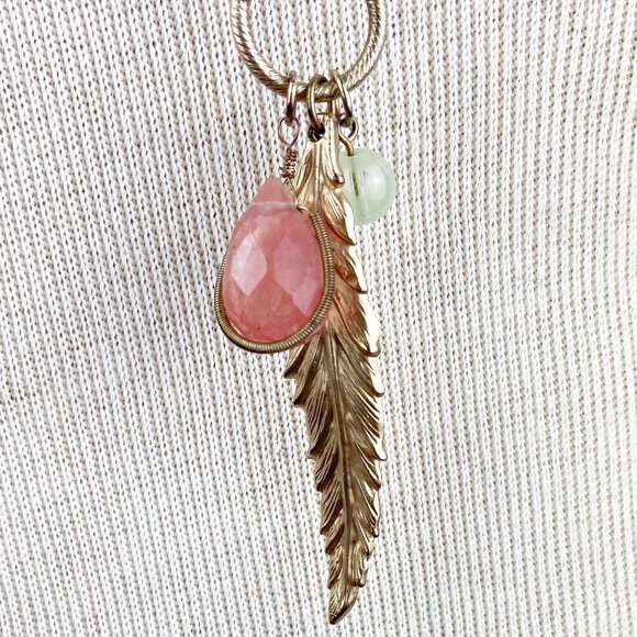 Gold Tone Charm Feather Beaded Necklace - Picture 3 of 5